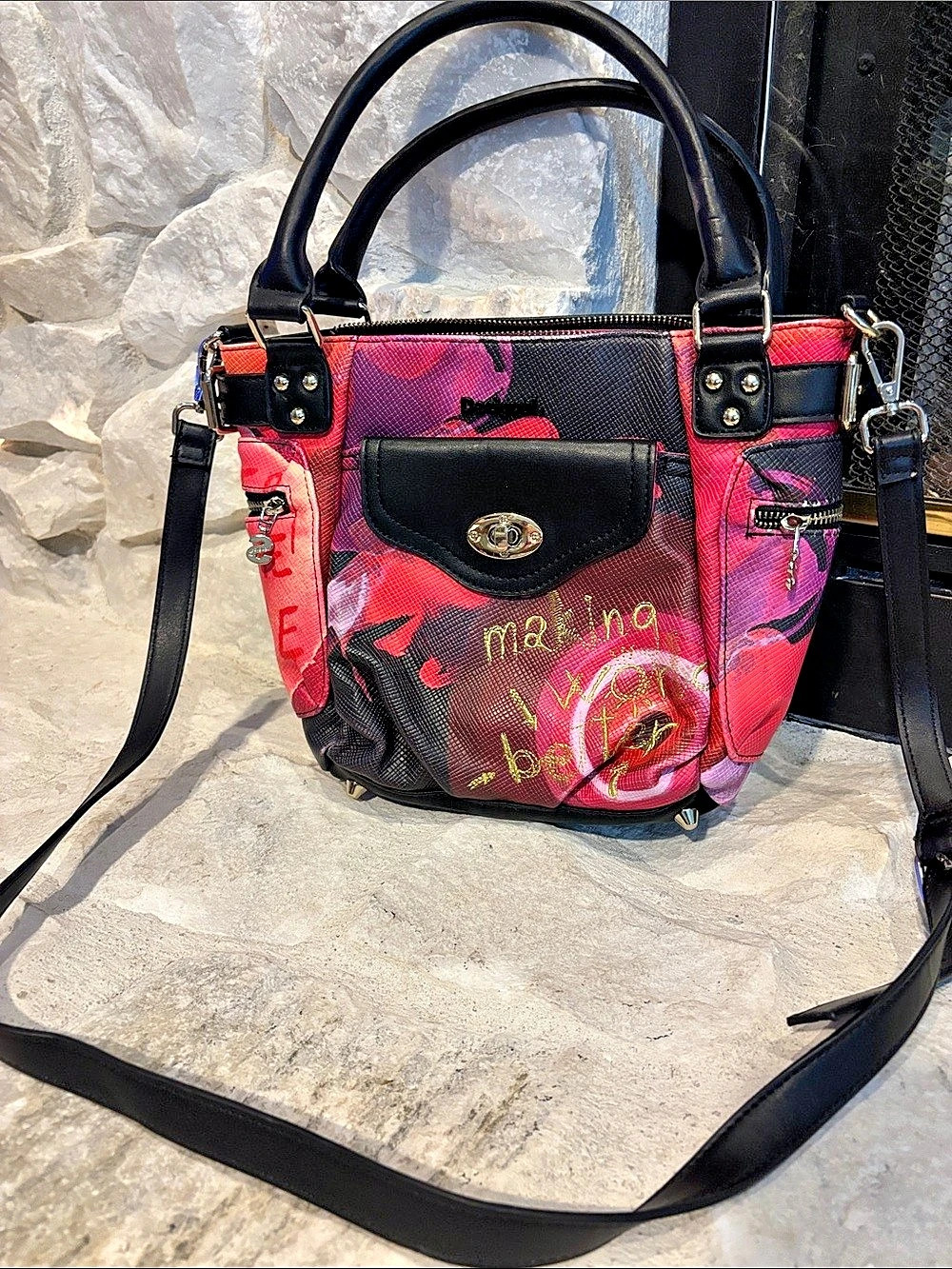 Desigual Abstract Printed Shoulder Bag Pink & Black